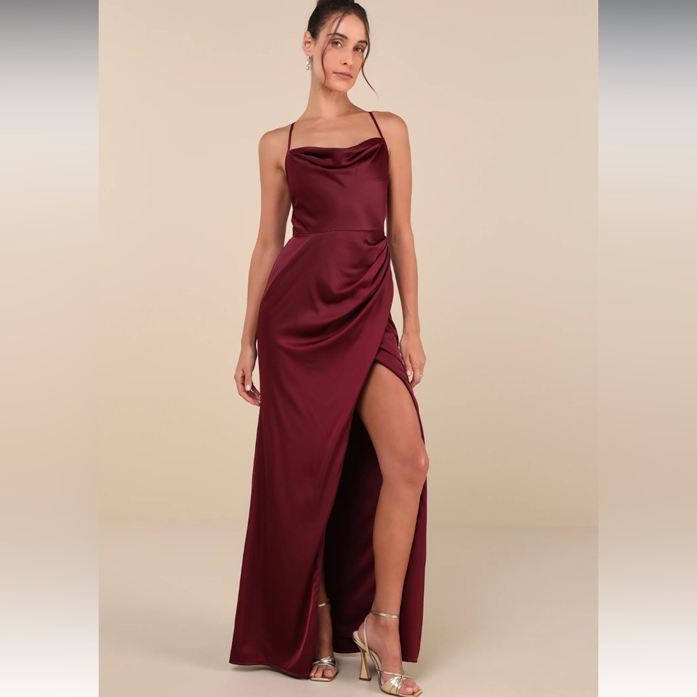 Lulus Purple/Red Plum Moments of Beauty Satin Cowl Neck Tulip Maxi Dress NWOT S